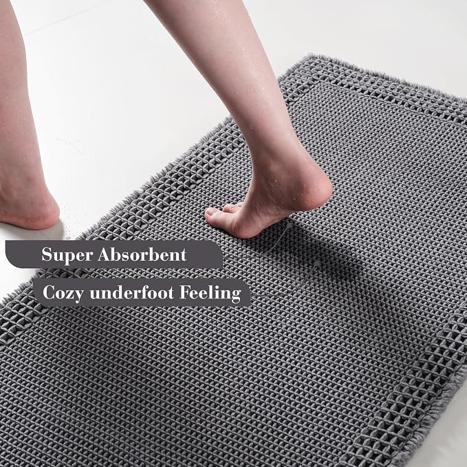 RESARE Waffle Bath Mat for Bathroom, Super Absorbent Bathroom Rugs Non Slip Machine Washable, Ultra Soft Quick Dry Boho Bath Rugs with Tassels, Farmhouse Home Decor Accessories, 18"x30" Dark Grey