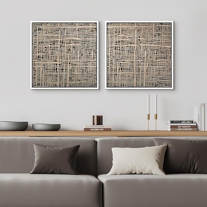 SIGNFORD Framed Canvas Print Wall Art Set Abstract Grid Pattern Artwork, Neutral Geometric Illustrations Modern Art Minimal Relax/Calm for Living Room, Bedroom, Office - 16"x16"x2 WHITE