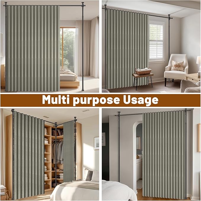 AJAZZ Privacy Curtains for Room Divider with Blackout & Soundproof (Grey, W100 x L96 in, 1 Panel)+ No Drill Curtain Rods(H) 43-120×(W) 35-100 in, Wall Divider for Bedroom/Studio/Office Curtain