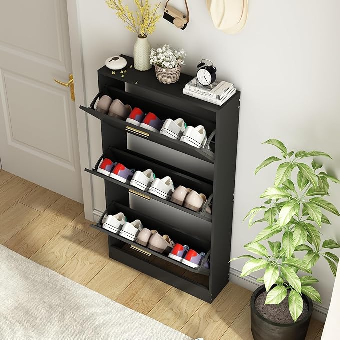 Shoe Cabinet Storage for Entryway, White Shoe Organizer with 2 Flip Drawers & Open Shelf, Freestanding Hidden Large Shoe Storage Cabinet (2pc-Black, 3 Flip Drawers)