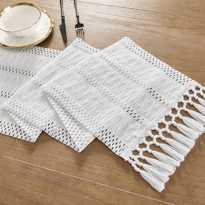 ZeeMart Macrame Style Boho Table Runner, White Table Runners 48 Inches Long, Farmhouse Woven Home Decor, 12x48 Inch, White