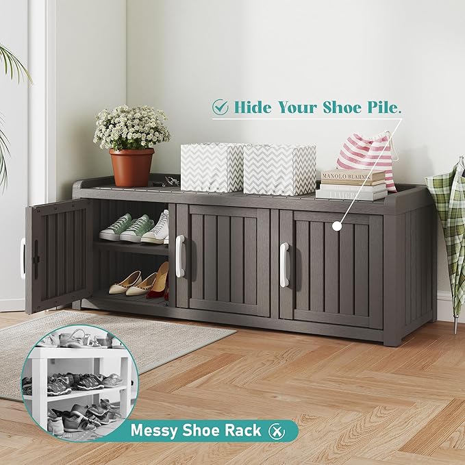 NUNU LAB Shoe Storage Cabinet, Waterproof Shoe Organizer with Adjustable Shelves, UV-Resistant Entryway Shoe Cabinet Bench with 3 Barn Doors for Indoor Outdoor, Foyer, Hallway, Living Room,Grey