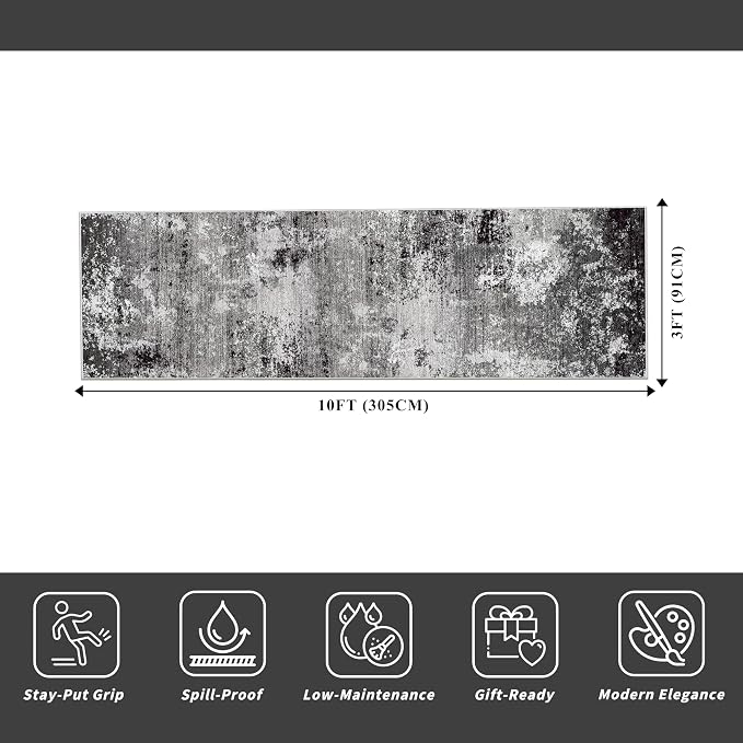 3x10 Washable Hallway Runner Rug - Non Slip Modern Wide Carpet for Kitchen Entryway Bathroom with Rubber Backing,Low Pile Thin Long Floor Runner Indoor（Black Grey,3x10）