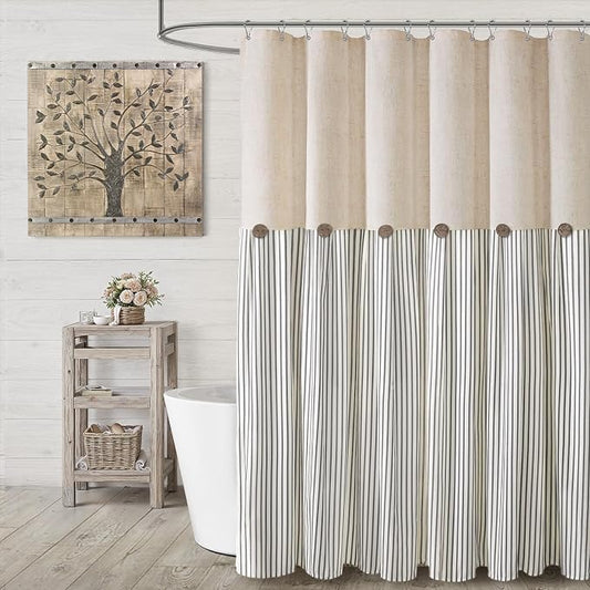 Farmhouse Shower Curtain Linen Button Woven Fabric Country Rustic Western, Pleated Grey Stripe 72" W x 72" L