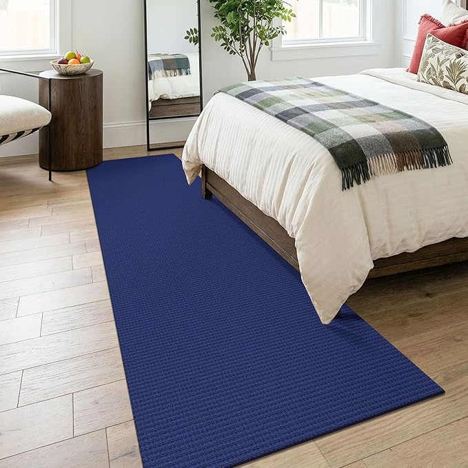 KOZYFLY Cotton Runners for Hallway 3x8, Wide Washable Runner Rug, Woven Non Slip Kitchen Runner, Braided Entryway Rug, Floor Carpet for Foyer, Bedroom, Hall, Royal Blue/Navy