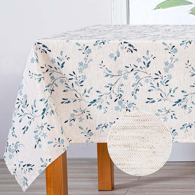 Mysky Home Rectangle Table Cloth 60x120 Inch - Spring Summer Floral Tablecloth, Waterproof Linen Fabric Oblong Table Cloth for Kitchen Dining Tablecloth for 6 Feet Table Blue, Small Blue Flower Design