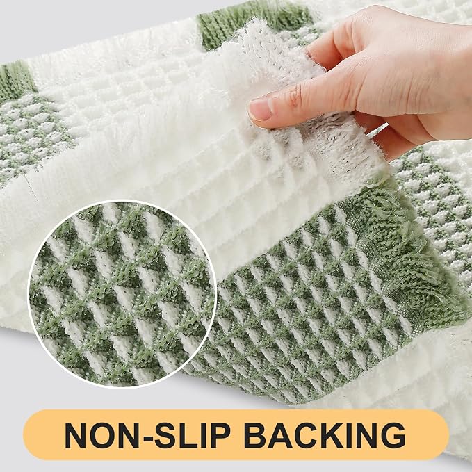 Upgrade Waffle Bath Mat, Boho Bathroom Rugs Absorbent Non Slip, Ultra Soft Bathroom Mat, Machine Washable Knit Bath Rugs with Stripe for Bathroom, Bedroom, Kitchen, Tub, 32"x20", Light Green & White