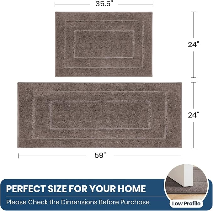 PURRUGS Machine Washable Kitchen Rug Set [2 PCS] (24" x 35.5"+ 24" x 59"), Non-Slip/Skid Kitchen Runner Rugs & Floor Mats, Super Absorbent Soft Standing Mats for Kitchen, Laundry & Sink, Grayish Brown