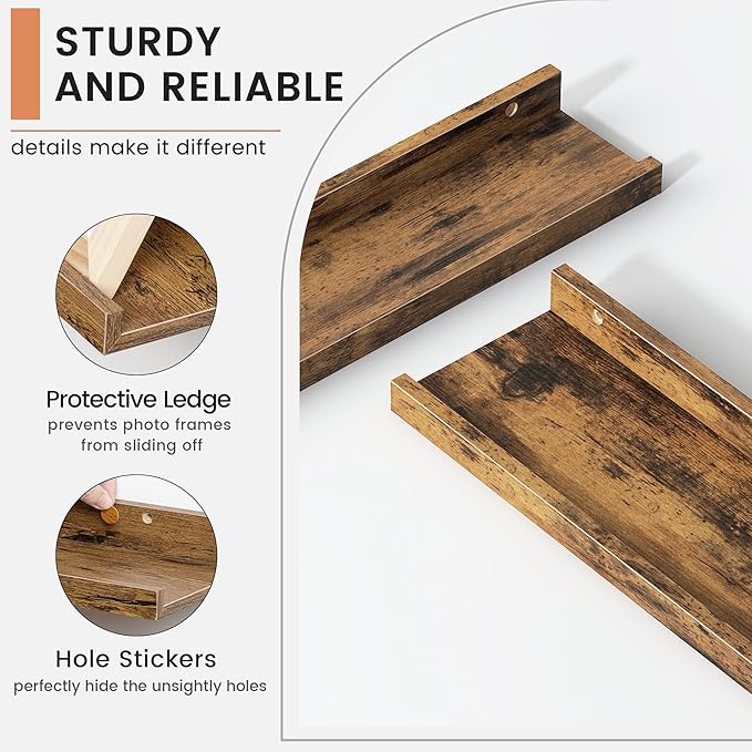 Floating Picture Ledge Shelves Set of 8, 16 Inch Solid Wood Wall Shelves with Lip, Large Nursery Book Shelf for Toys Storage, Kids Bookshelf, Living Room, Bedroom Decor Frames