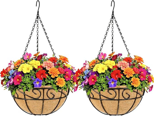 Metal Hanging Planters Basket Set of 2 Outdoor with Coco Fiber Liners Chain Hanging Basket Suitable for Vegetables Flower Heavy Duty Round Plant Holder Garden Balcony Patio Deck Porch Decor