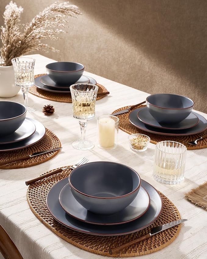 Famiware Venus Speckled Dinnerware Set with Pasta Bowls for 4 (16 Pieces), Stoneware Plates and Double Bowls, Matte Charcoal - Microwave & Dishwasher Safe Dishes with Trim for Everyday & Formal Use
