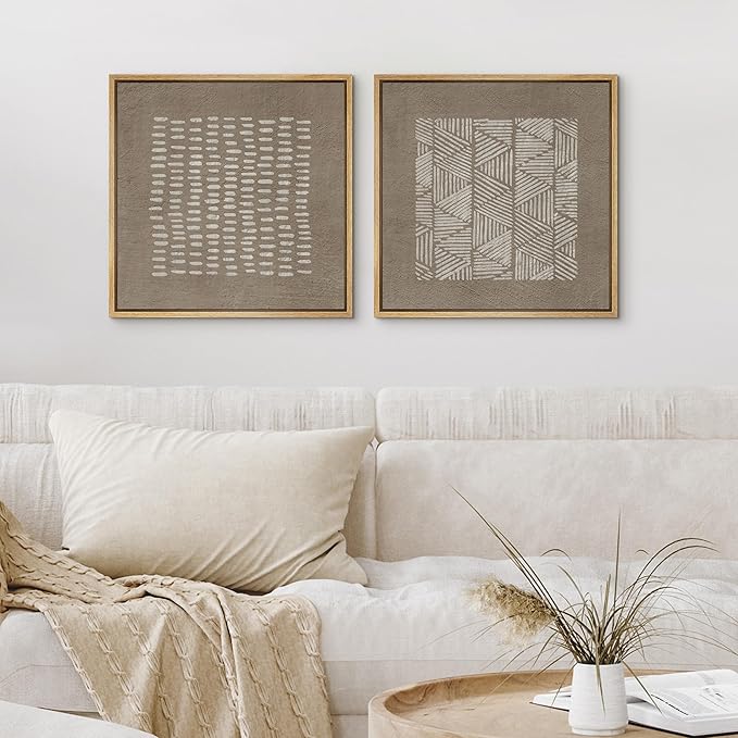 SIGNFORD Framed Canvas Print Wall Art Set Minimalist Line Patterns on Textured Background Modern Art Nordic Relax/Calm for Living Room, Bedroom, Office - 16"x16"x2 Natural