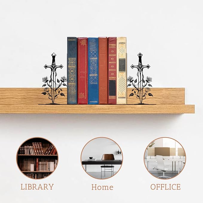 Charming Rose and Sword Design Novelty Bookends - Unique and Decorative Small Bookends for Home, Office.