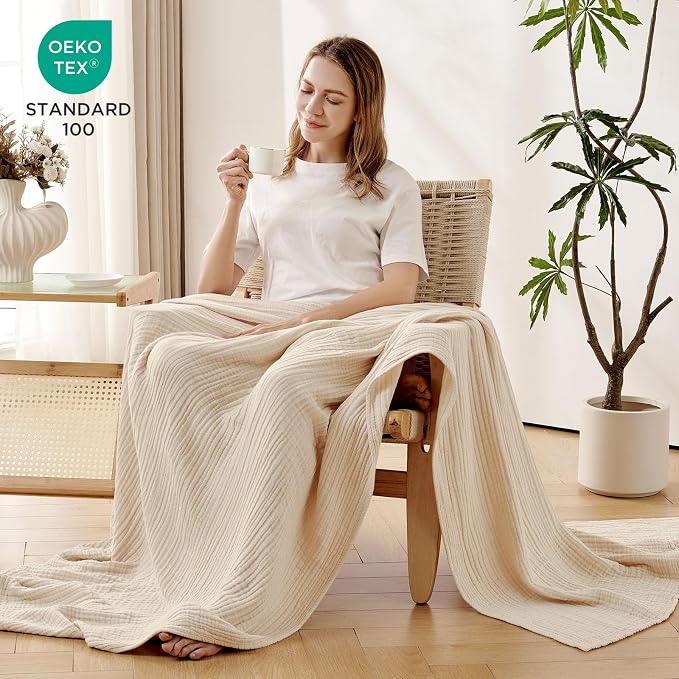 Joydeco 100% Cotton Muslin Throw Blanket for Couch Bed and Sofa, 4-Layer Lightweight and Breathable Soft Gauze Blanket for All Season, Light Tan, 90"x90"