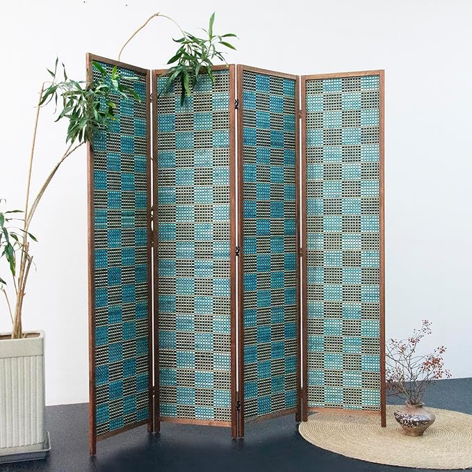 Furnnylane 4 Panel Room Divider Screen and Folding Panel Screen,Double Sided Bamboo Divider for Room Separation,Blue Square,67" H x 63" W