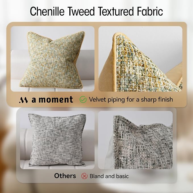 a moment Yellow Reversible Pillow Covers 2 Pack - Farmhouse Chenille Velvet Throw Pillows, Neutral Textured Decorative Throw Pillow Covers with Border for Couch Sofa Bed (24x24 Inch, No Insert)