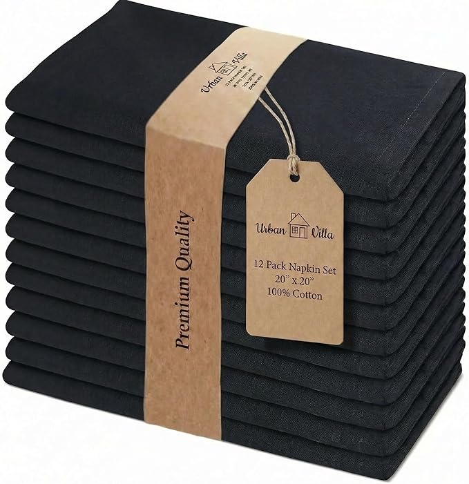 Urban Villa Cloth Napkins 100% Cotton Highly Absorbent Washable Durable Reusable Premium Dinner Napkins Ideal for Gifts for Mothers Day Hotel Farmhouse Parties - Black (20" x 20", Set of 12)