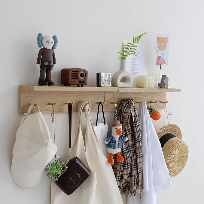 Marine Plywood Wall Mounted Coat Rack with Shelf & Key Hooks, 5 Brass Hooks Entryway Organizer, Modern Floating Shelf for Bedroom Hallway, Space-Saving Home Storage Rack (2, Oak Finish)