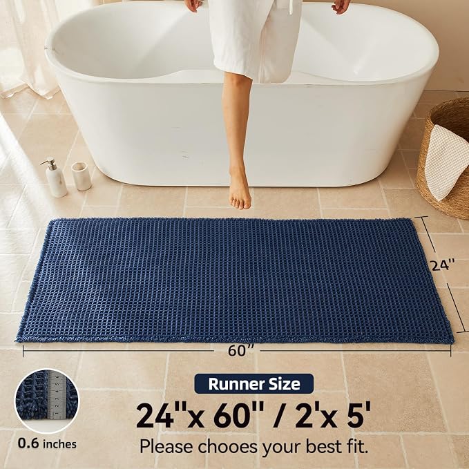 Triohero Waffle Runner Bath Mat - Long Bathroom Rugs Non Slip Washable, Ultra Soft Super Absorbent Quick Dry Boho Farmhouse Bathroom Decor, 24" x 60"', Navy Blue