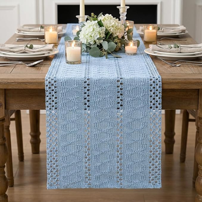 Artoid Mode Sky Blue Farmhouse Woven Rustic Hollow Table Runner, Seasonal Holiday Hollow Kitchen Dining Table Decoration for Home Party Decor 12x48 Inch