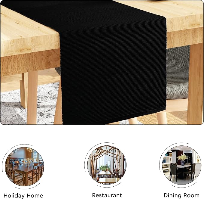 Encasa XO Dining Table Runner 13"x79" | Yarn Dyed Fine Ribbed Cotton | Solid Black | Machine Washable