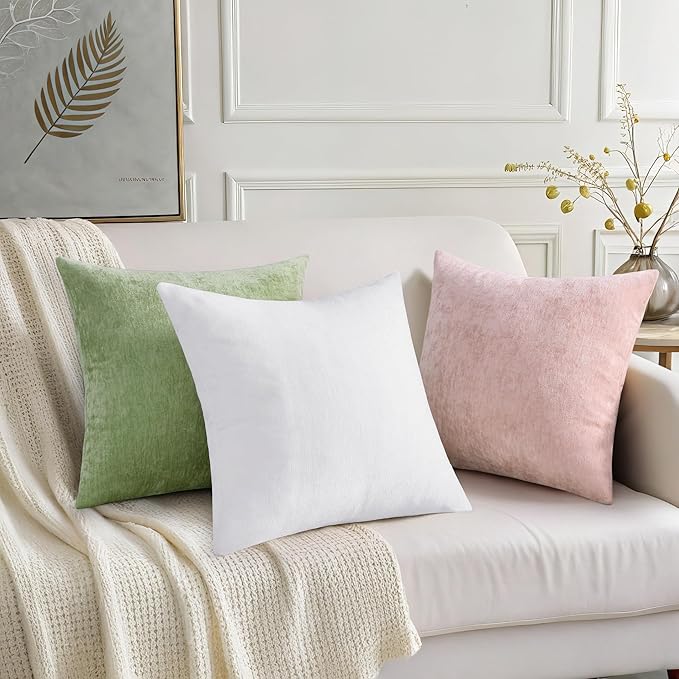 decorUhome Chenille Blush Pink Summer Throw Pillow Covers 18x18 Inch Set of 2, Decorative Soft Couch Pillow Covers Solid Dyed Accent Farmhouse Neutral Square Pillow Cases for Sofa