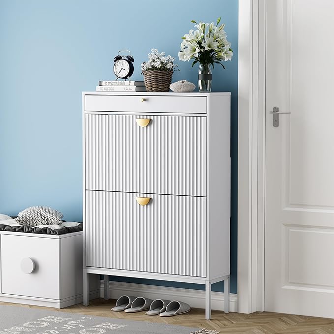 Brafab Shoe Storage Cabinet with 2 Flip Drawers&1 Small Drawer, Slim Entryway Shoe Organizer with Fluted Panel Doors for Sneakers,Pure White
