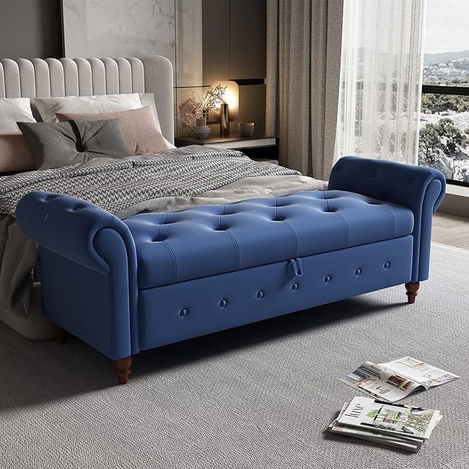 ODUWA 63 Inch Upholstered Tufted End of Bed Storage Bench with Arms,Larger Storage Space, End of Bed Bench for Bedroom Living Room Entryway (Blue-Fabric)