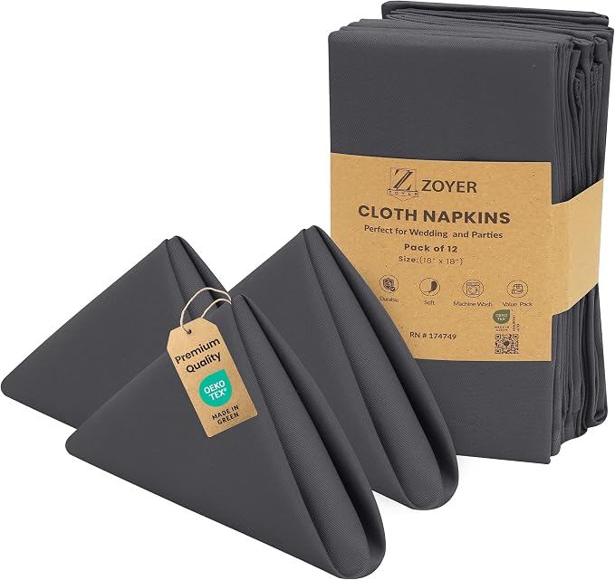 Zoyer Cloth Napkins Set of 12, 18x18 Inches Cotton Enrich Napkins Cloth ‎Washable, Soft & Durable Dinner Napkins for Parties, Wedding, Christmas, ‎Thanksgiving & Everyday Use - Dark Grey