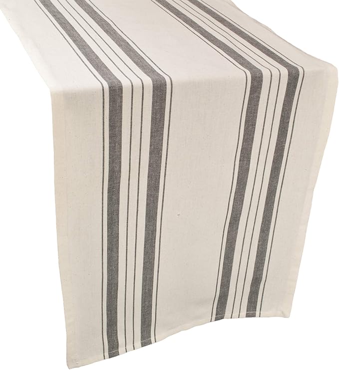 Gray Beige Stripped Farmhouse Cotton Table Runner, Dresser Scarf, Coffee Table Runner, Rustic Décor (17Wx54L)