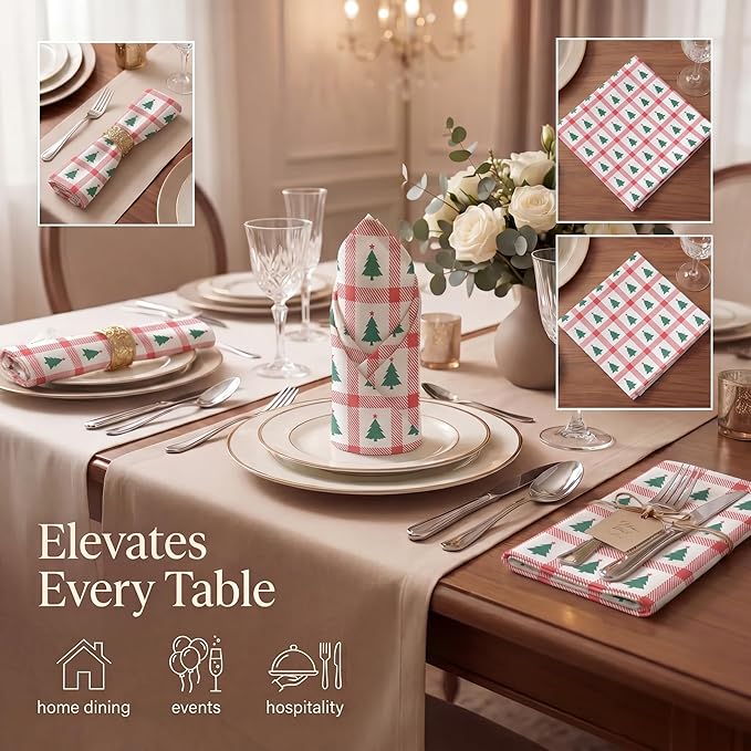 Urban Villa Cloth Napkins 100% Cotton Highly Absorbent Washable Reusable Premium Dinner Napkins Ideal for Gifts for Mothers Day Hotel Farmhouse Parties - Christmas Tree Print (20" x 20", Set of 12)