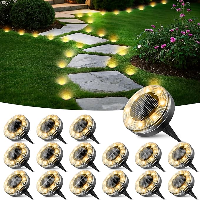 Peasur Mini Solar Ground Lights, 16 Pack Flat Solar Disc Lights Outdoor Waterproof, 2.3 Inch Small Solar Garden Lights Landscape Lighting for Outside Pathway Garden Yard Lawn Walkway,Warm White