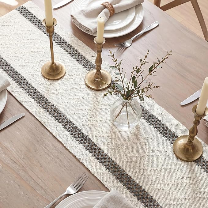Artoid Mode Dark Grey Stripe Woven Table Runner, Seasonal Holiday Hollow Kitchen Dining Table Decoration for Home Party Decor 12x60 Inch