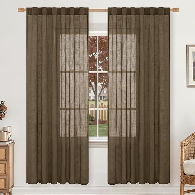 LAMIT 72 inch Linen Sheer Curtains for Living Room 2 Panels, Linen Textured Light Filtering Semi Sheer Back Tab and Rod Pocket Window Curtain Panels for Bedroom/Farmhouse, Brwon, 52 x 72 Inch