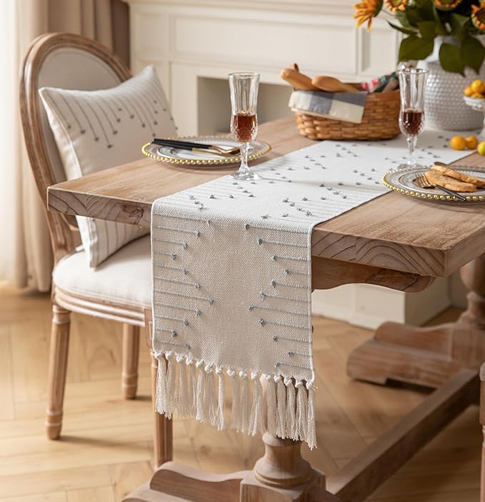 Boho Table Runner 13 x 108 Inch Long Natural Cotton Woven Runner with Tassels for Home Dining Table décor, for Modern Farmhouse Decor Coffee Table Runner, Grey and Beige