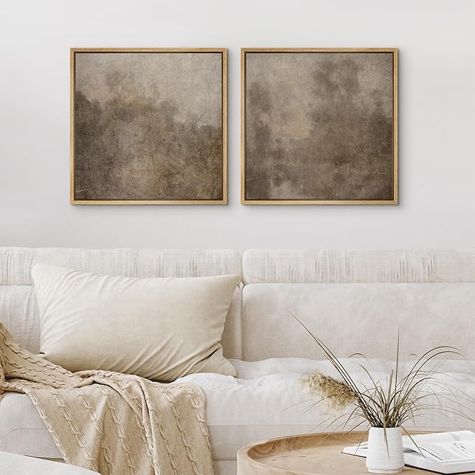 SIGNFORD Framed Canvas Print Wall Art Set Vintage Rustic Neutral Tones with Subtle Patterns Illustrations Modern Art Minimal Relax/Calm for Living Room, Bedroom, Office - 16"x16"x2 Natural