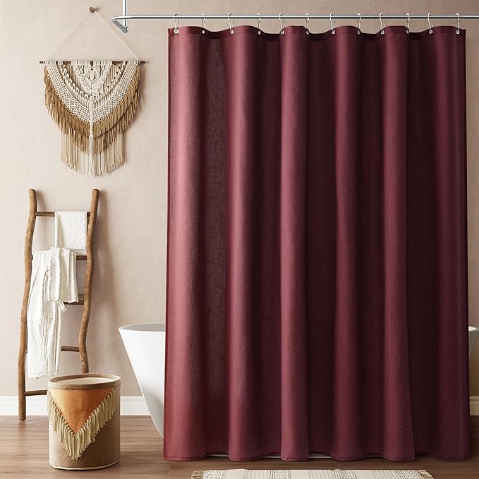 Naturoom Burgundy Linen Shower Curtain, Country Boho Farmhouse Bath Decor Shower Curtains Neutral Cloth Weighted Textured Fabric Bath Curtain Liner with Hooks, 72x84