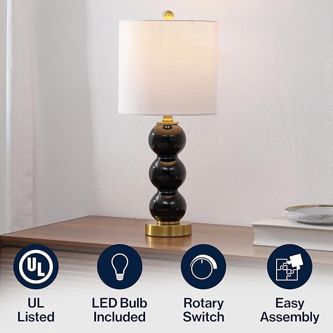 JONATHAN Y 21" Black/Brass Gold Glass Table Lamp for Bedroom and Living Room, White Linen Shade, Modern Stacked Sphere Bedside Lamp, LED Bulb Included (JYL1021E)