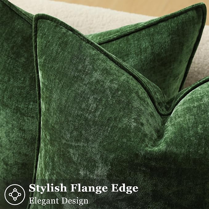 decorUhome Summer Couch Throw Pillow Covers 20x20 Set of 2, Decorative Soft Velvet Modern Cozy Chenille Pillow Cases with Elegant Design for Sofa Bed Living Room Home Decor, Moss Green