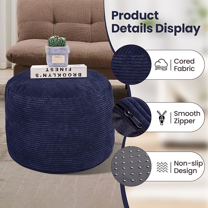 Round Pouf Ottoman Foot Rest with Foam Chunk Filling, Corduroy Ottomans for Living Room Floor Poufs (20"x15",Navy Blue)