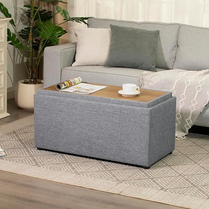 Adeco 35 Inches Storage Ottoman Bench, Non-Folding End of Bed Foot Rest Stools Ottoman with Thicker Foam Padded Seat, Upholstered Storage Chest for Living Room, Entryway, Bedroom