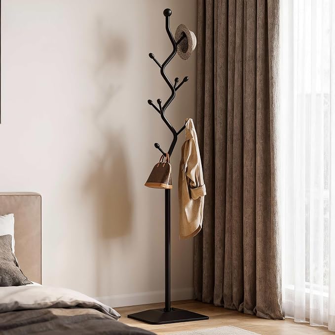 Sturdy Metal Coat rack Tree – Anti-Tip Design with 8 Hooks, Perfect for Home, Dorm, or Office Organization (black)