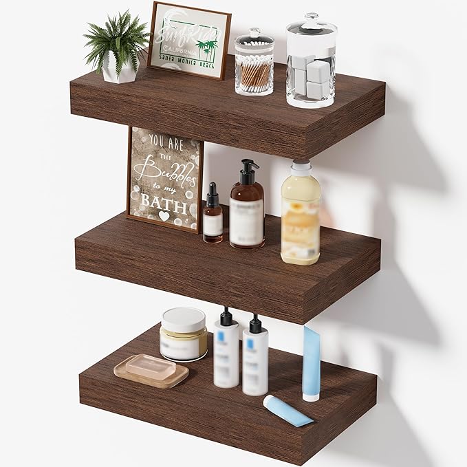 Floating Shelves, Walnut-Like Wooden Set of 3 Wall Mounted Bathroom Shelves Over Toilet, Modern Small Hanging Shelves for Bedroom Living Room Kitchen Rustic Home Decor, 12" x 7" x 1.5"