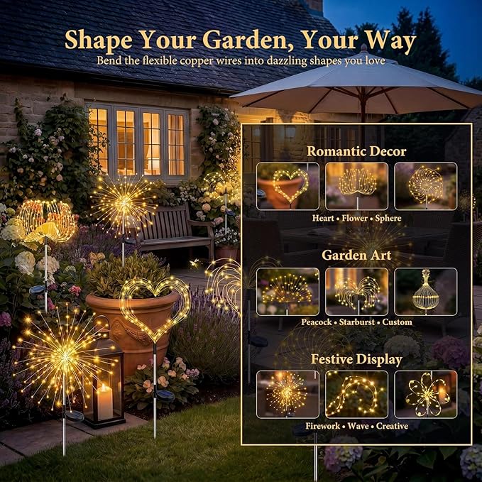 Solar Firework Light, 1 Pack 120 LEDs 8 Lighting Modes Twinkle Solar Garden Lights Outdoor Waterproof for Yard Patio Walkway Pathway Party Wedding Balcony & 4th of July Decor