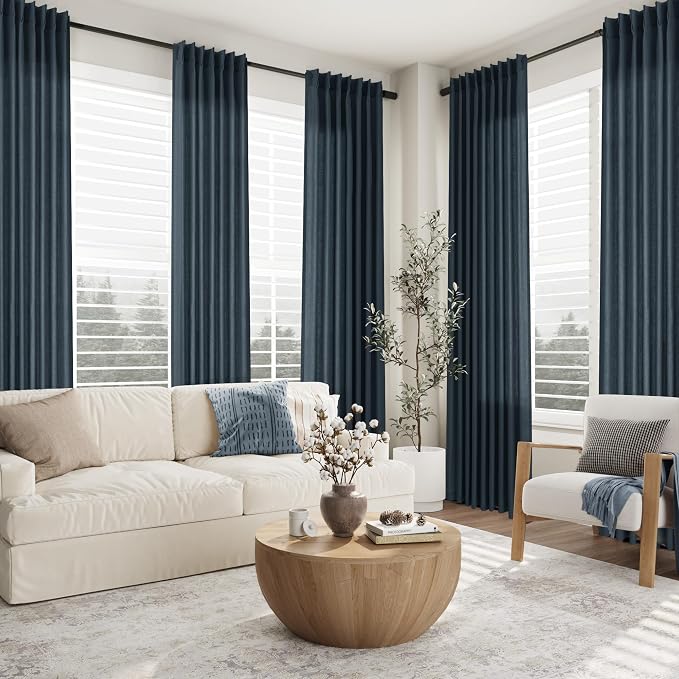 Aersas Vintage Blue Pinch Pleated Linen Curtains 120 Inches 2 Panels for Living Room Bedroom Privacy Windows Treatment Light Filtering Sliding Glass Door Curtain House Casual Decorations 40x120