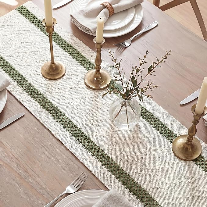 Artoid Mode Army Green Stripe Woven Table Runner, Seasonal Holiday Hollow Kitchen Dining Table Decoration for Home Party Decor 12x72 Inch