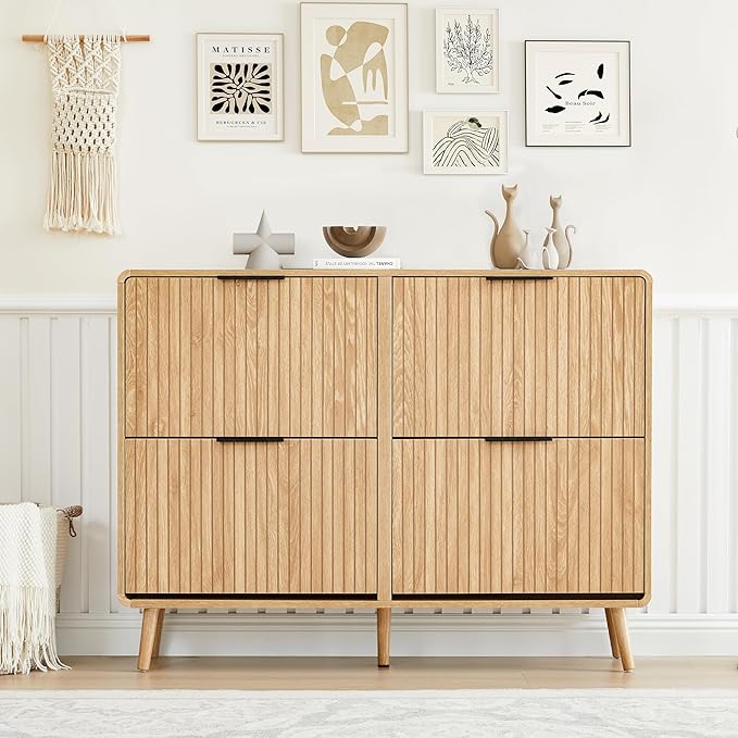 FurSch 47" Fluted Large Shoe Cabinet with 4 Flip Drawers, Slim Freestanding Shoe Cabinet Organizer, Narrow Shoes Storage Rack for Entryway, 5 Sturdy Legs (All Natural, 9.45" D x 47.24" W x 35.83" H)