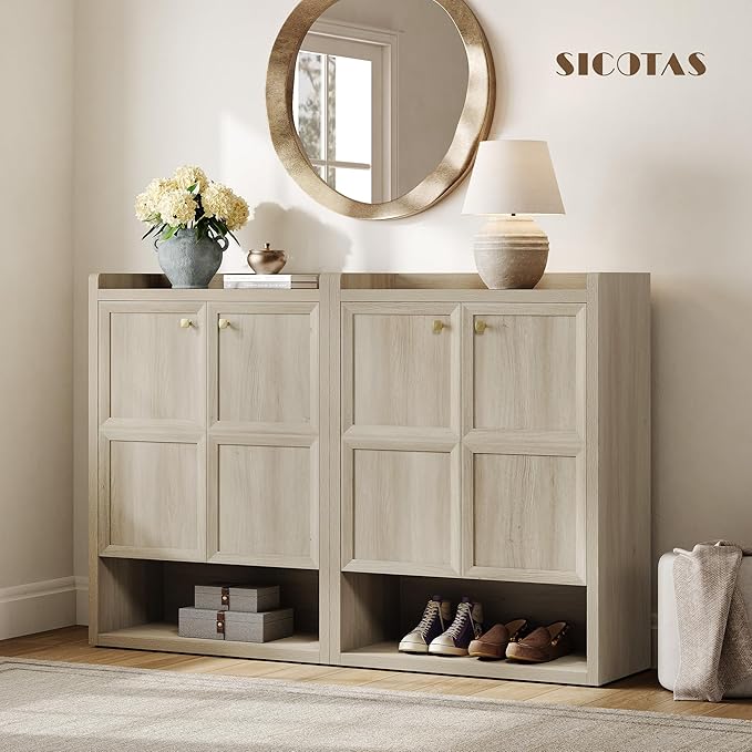 SICOTAS Shoe Cabinet Storage for Entryway - 72-Pair Shoe Cabinets with Doors and Adjustable Shelves, Farmhouse Large 7-Tier Shoes Storage Cabinet for Mudroom Closet Hallway, Grey White Oak, 3PCS