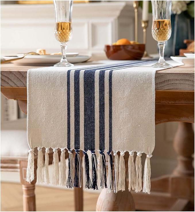 Boho Table Runner for Modern Farmhouse Decor, Dining Table décor 13 x 90 Inch Long with Handcrafted Tassels, Navy Blue and Beige Stripe Table Runner for Home Boho décor
