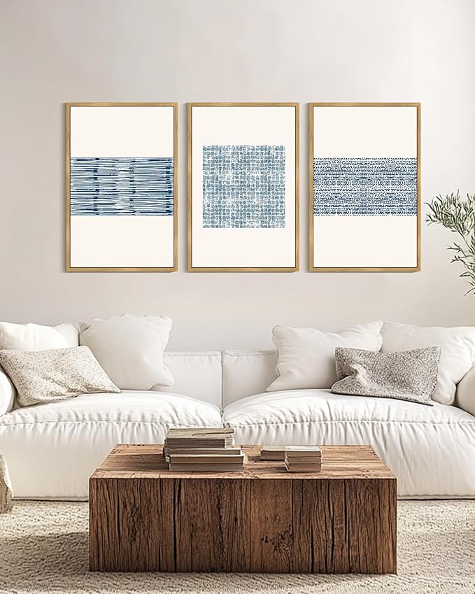PHOPAGO Blue Abstract Framed Wall Art Large 24x36in Modern Boho Neutral Line Wall Decor Bohemain Minimalist Geometric Artwork Home Decor - Natural Framed